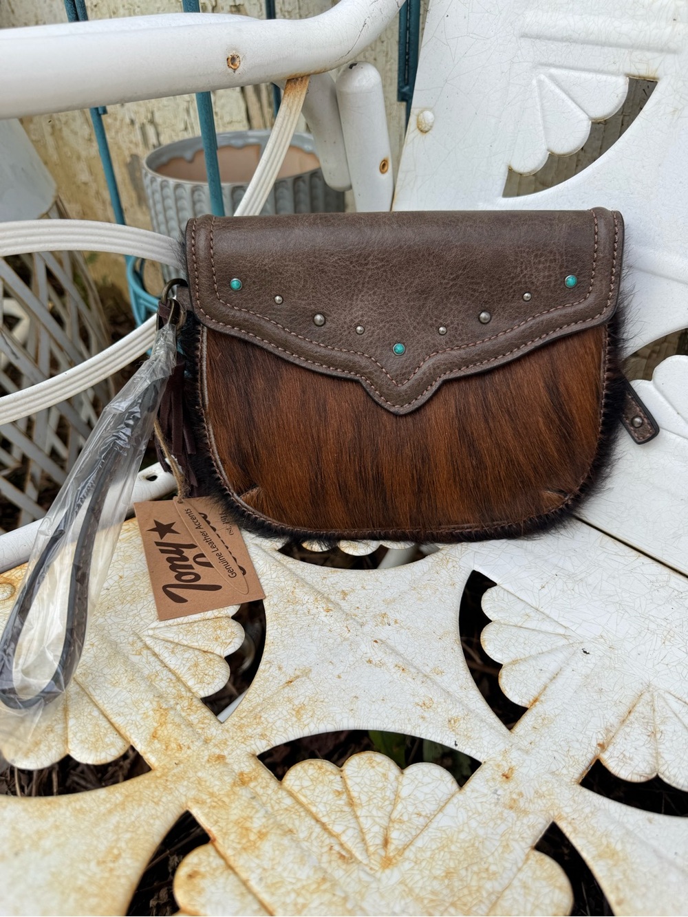 Tony Lama Brown Haircalf & Leather Wristlet with Turquoise Studs 8.5”x7”